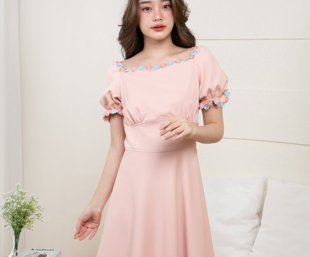 Pink Old rose dress puff sleeve vintage retro style sundress cute handmade dress Shop ameliadress One Piece Dresses Pinkoi