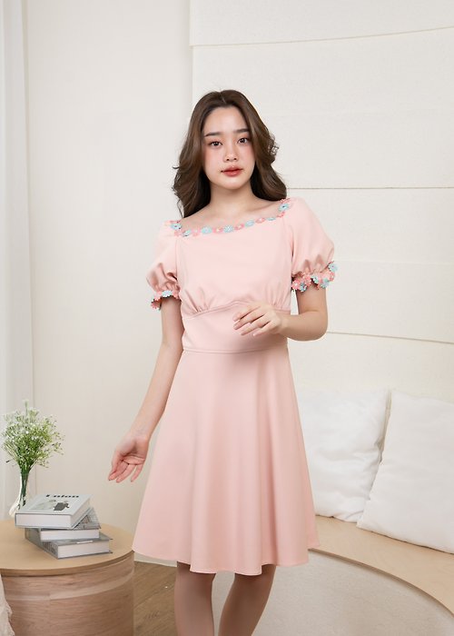 ameliadress Pink Old rose dress puff sleeve vintage retro style sundress cute handmade dress