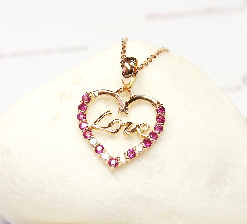 18K Rose Gold pink color gem with diamond heart pendant / exquisite and lovely (free shipping) - สร้อยคอ - เครื่องประดับพลอย สีแดง