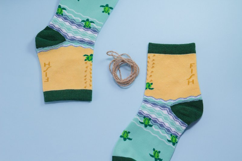 Green Turtle Baby Socks* Kuroshio Collaboration Product - ถุงเท้า - ผ้าฝ้าย/ผ้าลินิน สีเขียว