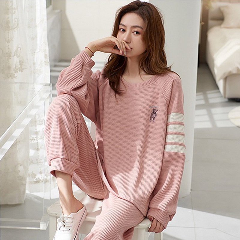 Pink Lady 成套兩件式 華夫格長袖睡衣 粉調泰迪 印花棉質居家服 - 睡衣/居家服 - 棉．麻 粉紅色