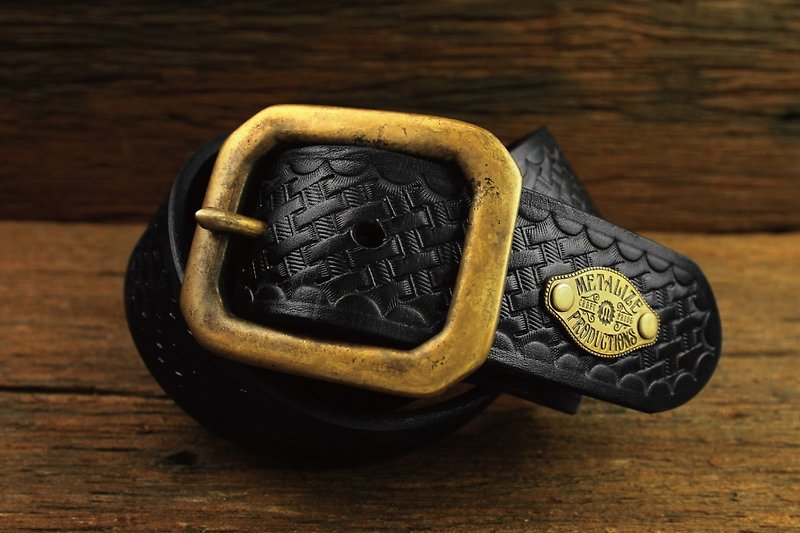Brass Buckle Press Grain Belt METALIZE黃銅基本款編織紋皮帶(黑色) - 腰帶/皮帶 - 真皮 黑色