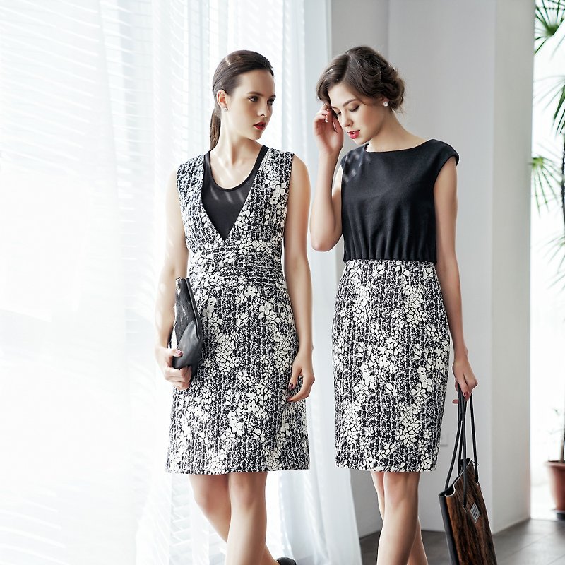 黑白撞色緹花合身洋裝(右) - 連身裙 - 羊毛 黑色