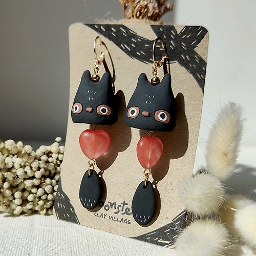Noonster clay village 【Gift Box】Kitty Zorro, Handmade Dangle Earrings