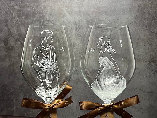 銘心藝品 【客製化禮物】夫妻各一杯 精緻似顏繪 結婚對杯 玻璃杯 雕刻酒杯