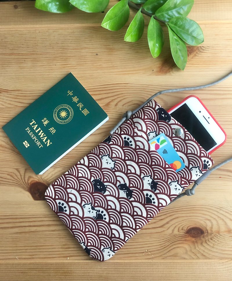 Japanese-style cat pattern cotton mobile phone bag can be used as a small bag, passport bag, the strap can be detached and used as a storage bag - Other - Cotton & Hemp Multicolor