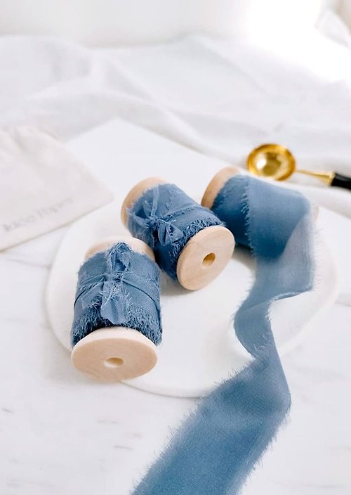 Idée Paper 法式 手工真絲毛邊緞帶 手撕絲帶 25mm | 藍色系 婚禮喜帖裝飾