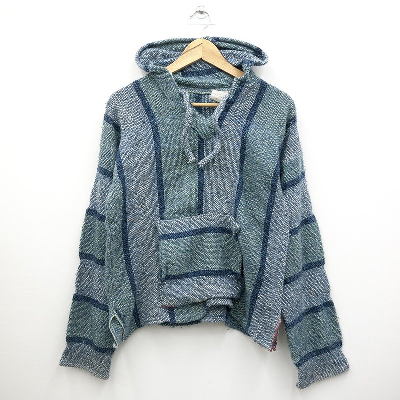 Vintage Mexican baja hoodie 墨西哥帽tee 湖綠 藍 直條紋 墨西 - 帽T/大學T - 其他材質 藍色