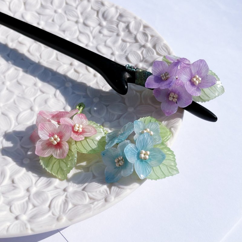 【Ruosang】Endless summer. Hydrangea hairpin/ebony hairpin/hairpin - เครื่องประดับผม - เรซิน สีม่วง