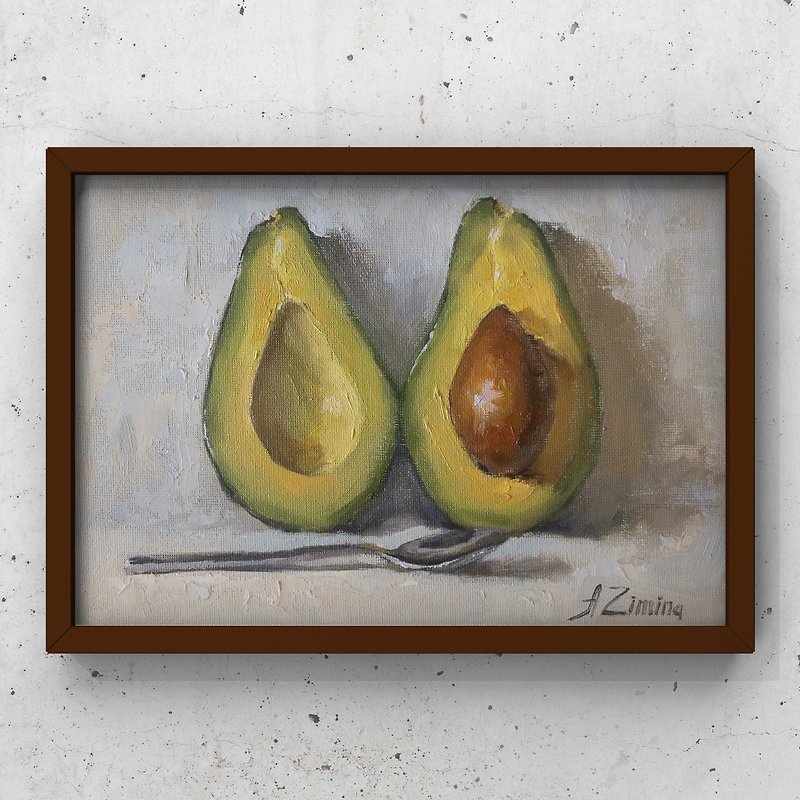 Avocado painting, food oil painting still life, small oil painting for kitchen