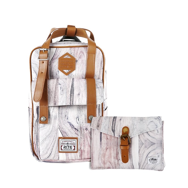 【New Year's first - Flush Promotion】 Twin Series | Mobile Package (M) x Walking Bag (horizontal) - Deep Wood - กระเป๋าเป้สะพายหลัง - หนังแท้ ขาว
