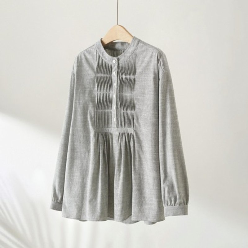 Hand-trimmed random pintuck blouse in cotton and Linen stripes (230913-1) - เสื้อผู้หญิง - ผ้าฝ้าย/ผ้าลินิน 