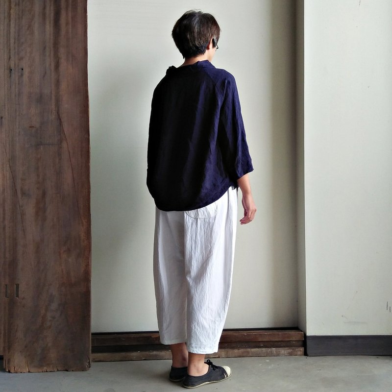 Irregular Sleeve Top Linen Dark Blue - Women's Tops - Cotton & Hemp Blue