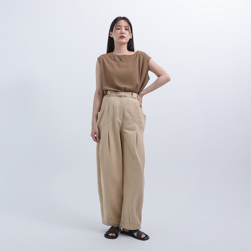 Lingbo_凌波休閒褲_22SF202_卡其 - 女長褲 - 棉．麻 卡其色