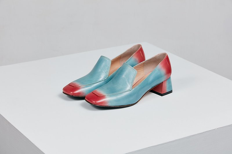 HTHREE 4.6 square head Lok Fu heel / gradient / pink beach / Loafers Heels - Women's Casual Shoes - Genuine Leather Blue