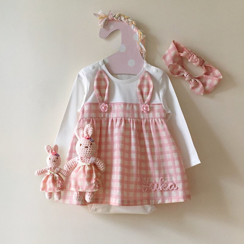 二重紗連身洋裝(不含兔子)/含髮帶/可訂製名字/嬰兒 - 嬰兒連身衣/包被/包巾 - 棉．麻 粉紅色