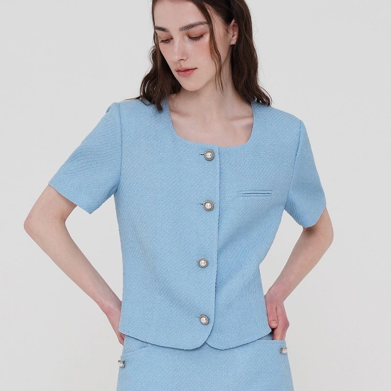 Korea sisterhood, Square neck tweed short sleeve jacket - Sky - 女大衣/外套 - 聚酯纖維 藍色