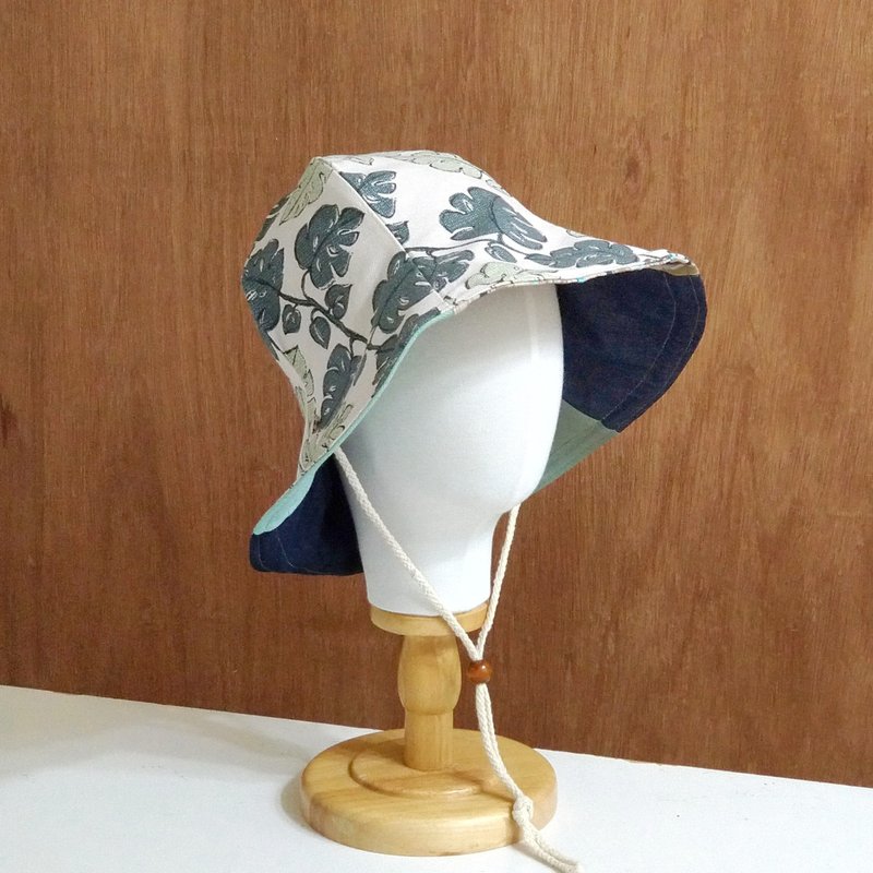 小牛村 手工雙面遮陽帽 大帽簷 植物【特長帽簷款-手繪藤葉】 - 帽子 - 棉．麻 白色