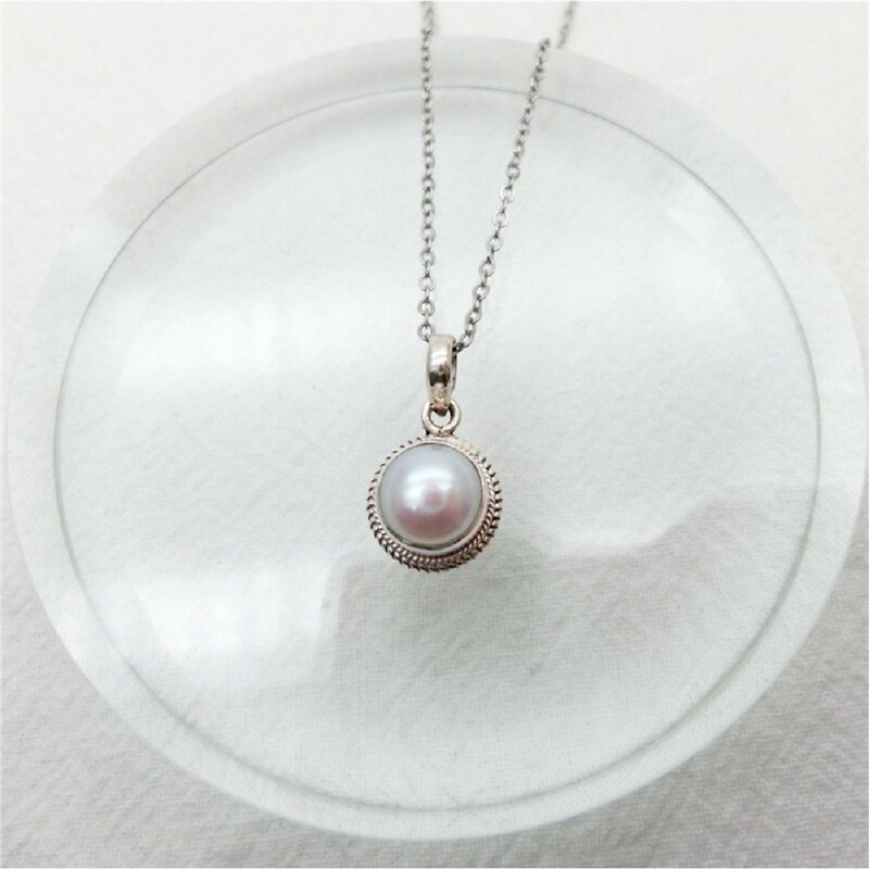 Pearl 925 sterling silver simple striped necklace Nepal handmade silverware - Necklaces - Thread Silver
