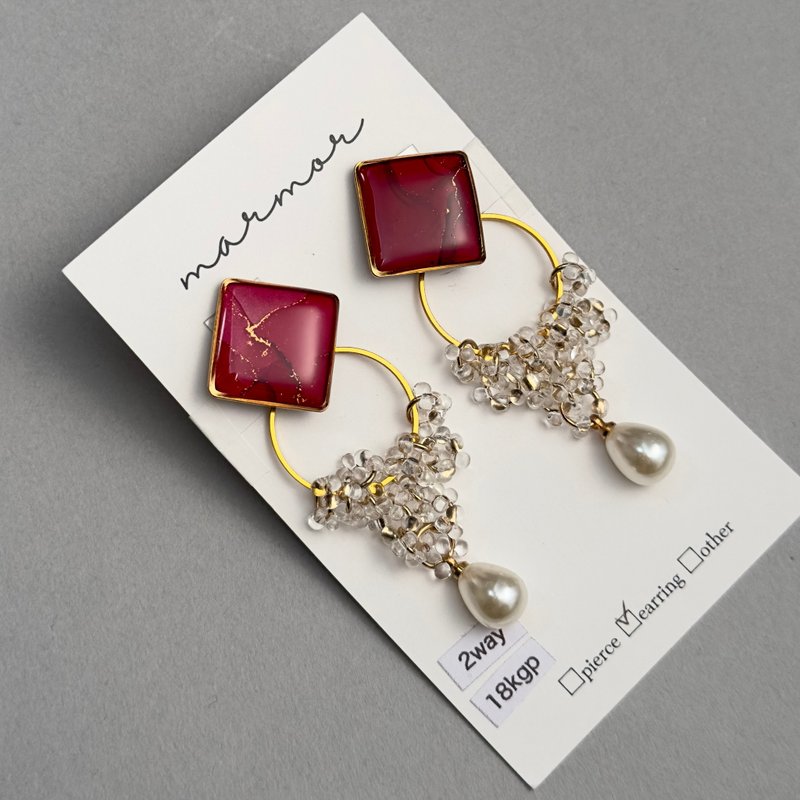 Red Alcohol Ink Art Earrings with Pearl & Czech Glass, 2way 18KGP Screw Clip - Earrings & Clip-ons - Resin Red