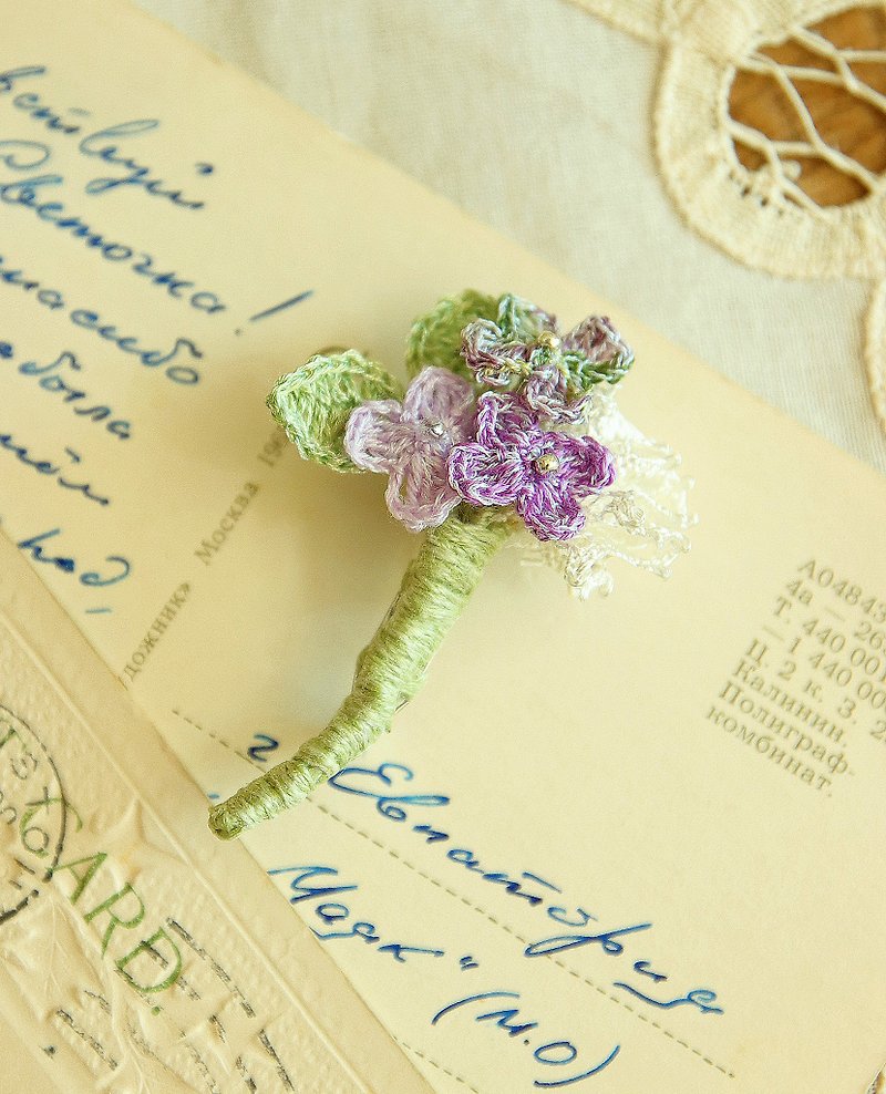 Petit Flower Brooch Pin-Purple "Rain flower Collection" - Brooches - Cotton & Hemp Purple