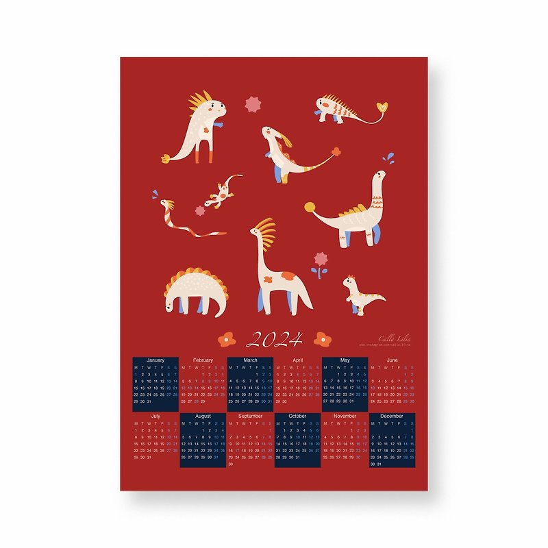 紙 年曆/桌曆 紅色 - 【快速出貨】 2024年曆海報-小恐龍 A4 A3 | 龍年 交換禮物