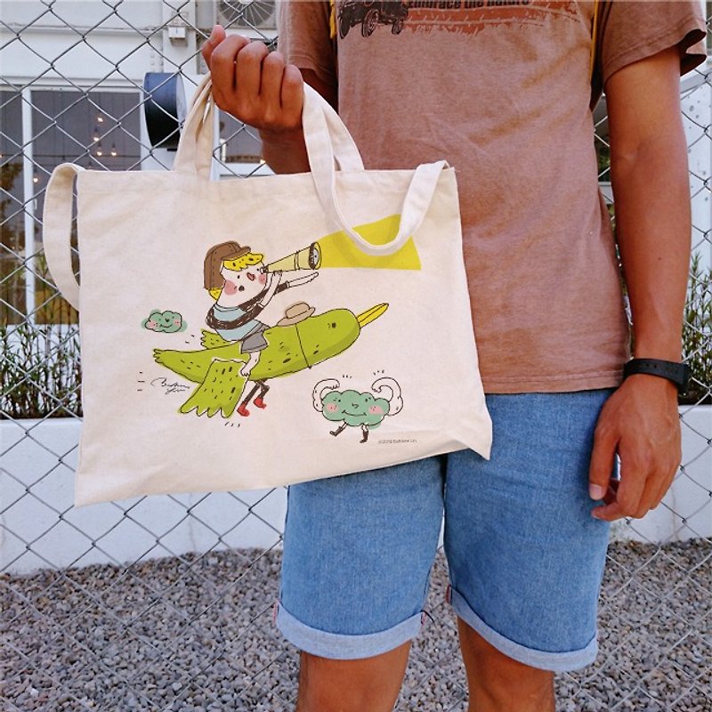Illustrator BaNAna Ajiao looking for his own piece of astronomical creative wind horizontal canvas bag - Clutch Bags - Cotton & Hemp Khaki
