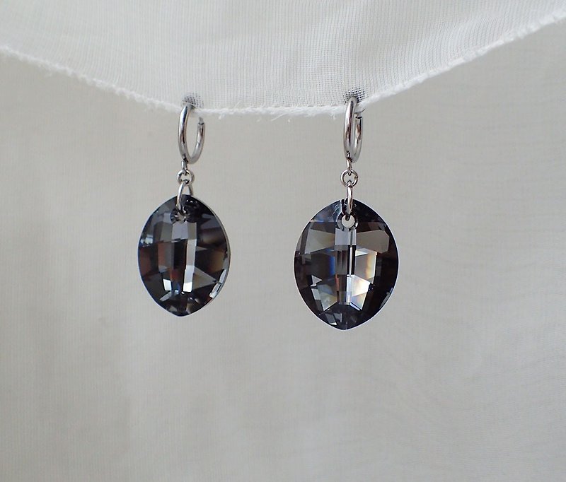 葉形, 施華洛世奇元素 & 不鏽鋼 耳圈夾耳環(一對) - 耳環/耳夾 - 玻璃 黑色