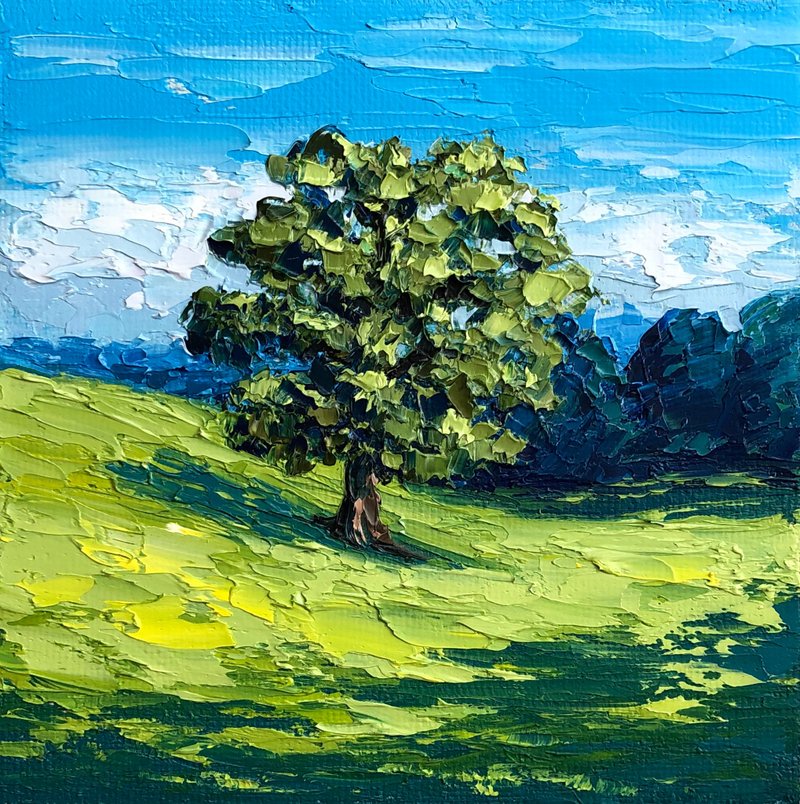Original Green Landscape Oak Tree Oil Painting Modern Textured Impasto Artwork - 壁貼/牆壁裝飾 - 棉．麻 多色