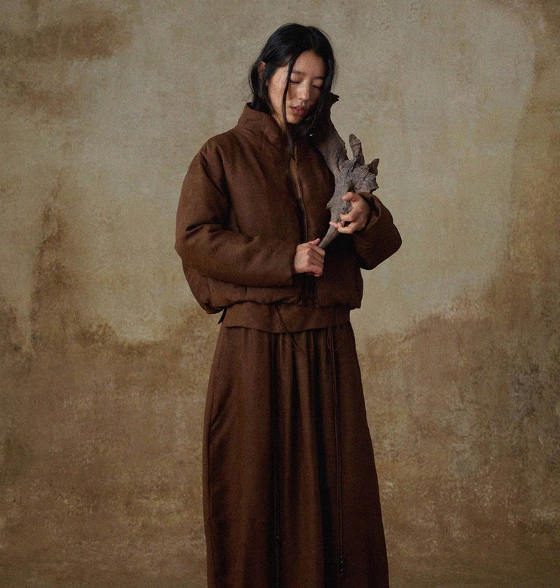 【香云紗】新中式復古 寬松立領/提花羽絨服/半裙 - 女大衣/外套 - 絲．絹 咖啡色