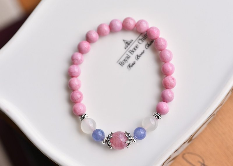 Tender pink rhodolite + tanzanite + Madao pink crystal sterling silver bracelet - สร้อยข้อมือ - เครื่องเพชรพลอย 