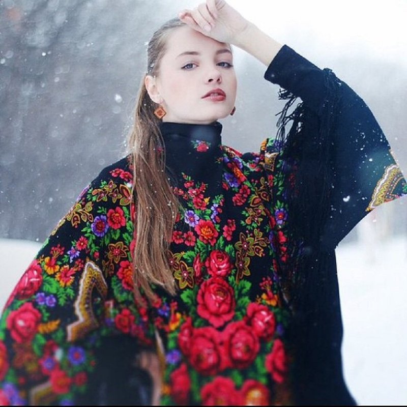 Russian Shawl Pavlovo Posad 100% Wool Scarf Woolen Fringe Wrap 146x146 cm 325-18 - 絲巾 - 羊毛 黑色