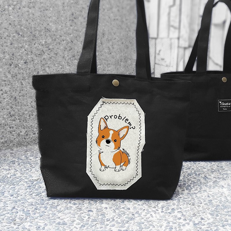 Keji Black - Handmade Sewing Printed Canvas Bag / Shoulder Bag (Small Bag / Eco Bag / Carry Bag / Porter Bag / Small Tote) - กระเป๋าถือ - ผ้าฝ้าย/ผ้าลินิน สีดำ
