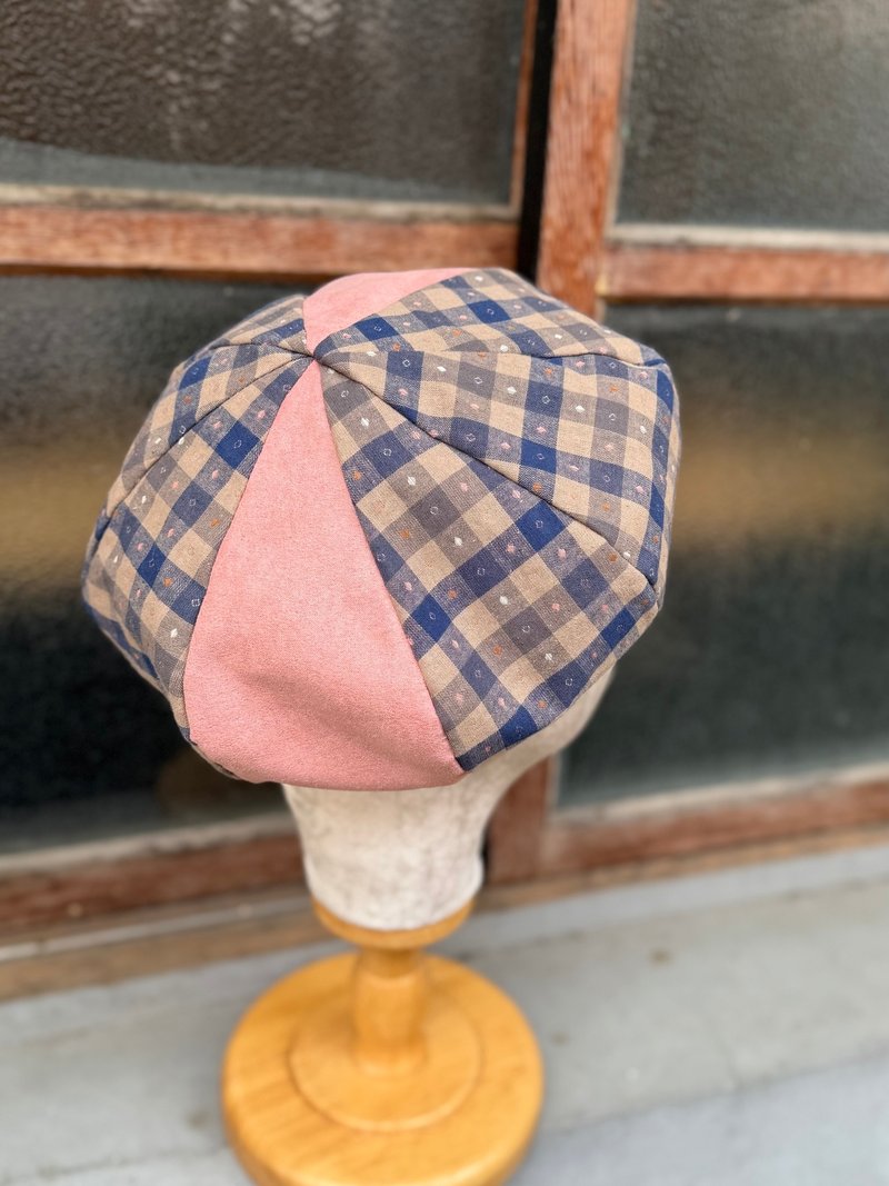 小牛村/ 藍粉 貝雷帽 拼接 拼色 可愛 手工帽 輕薄 - 帽子 - 棉．麻 藍色