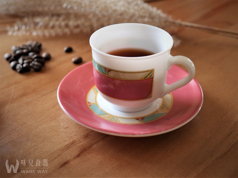 早期濃縮咖啡杯盤組－粉紅色天棚  (餐具/舊貨/老物/玻璃/幾何) - 咖啡杯 - 玻璃 粉紅色