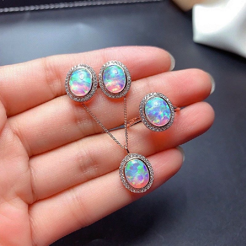 3 in 1 set of natural opal Stone necklace live mouth ring earrings--couple jewelry emerald crystal - Necklaces - Gemstone 