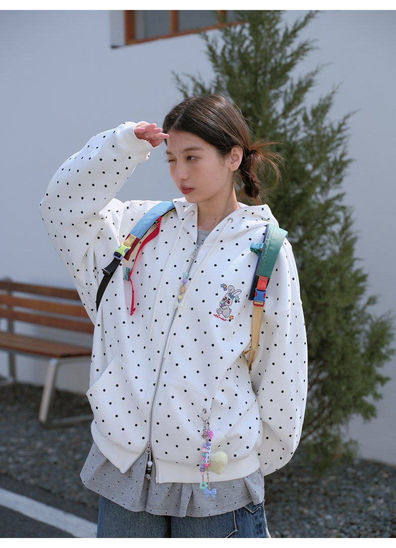 odd maker 可愛兔子白色復古波點連帽拉鏈衛衣外套女春季寬松百搭 - 帽T/大學T - 棉．麻 