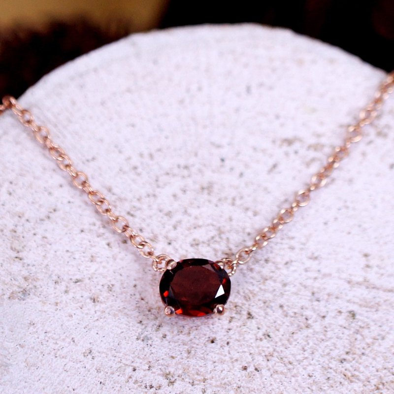 溺愛 - 6x4mm 蛋形 紅石榴石 純銀電18K玫瑰金 頸鏈 鎖骨鍊 - 鎖骨鍊 - 寶石 紅色