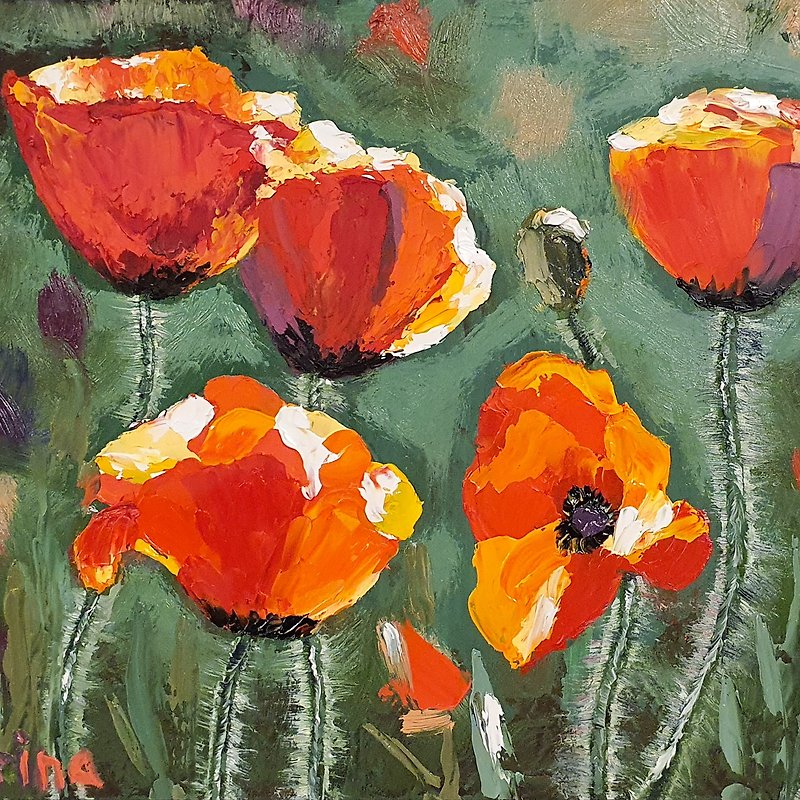 California Poppies Painting Floral Original Art Meadow Flower Artwork Wildflower - Posters - Other Materials Red