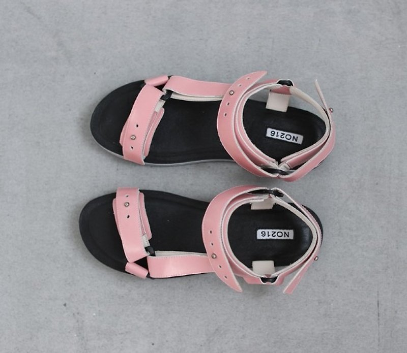 線狀 雙層皮結構 條紋與鋸齒底真皮涼鞋 粉 - 涼鞋 - 真皮 粉紅色