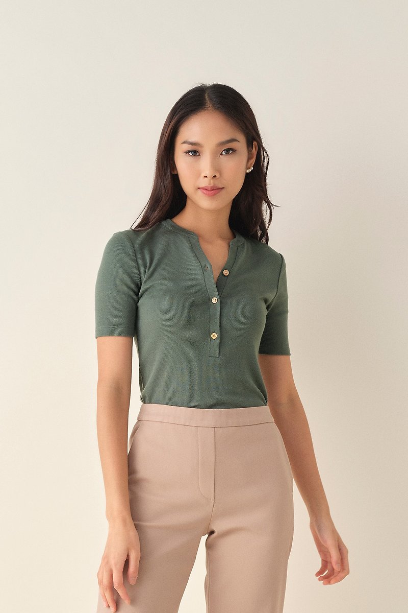 Tove & Libra Henley Ribbed Bamboo Tee - Sage Green Sustainable Fashion - Women's T-Shirts - Bamboo Green