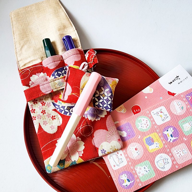 3枝裝鋼筆筆套, 和風布筆袋--紅色大花 - 筆盒/筆袋 - 棉．麻 紅色