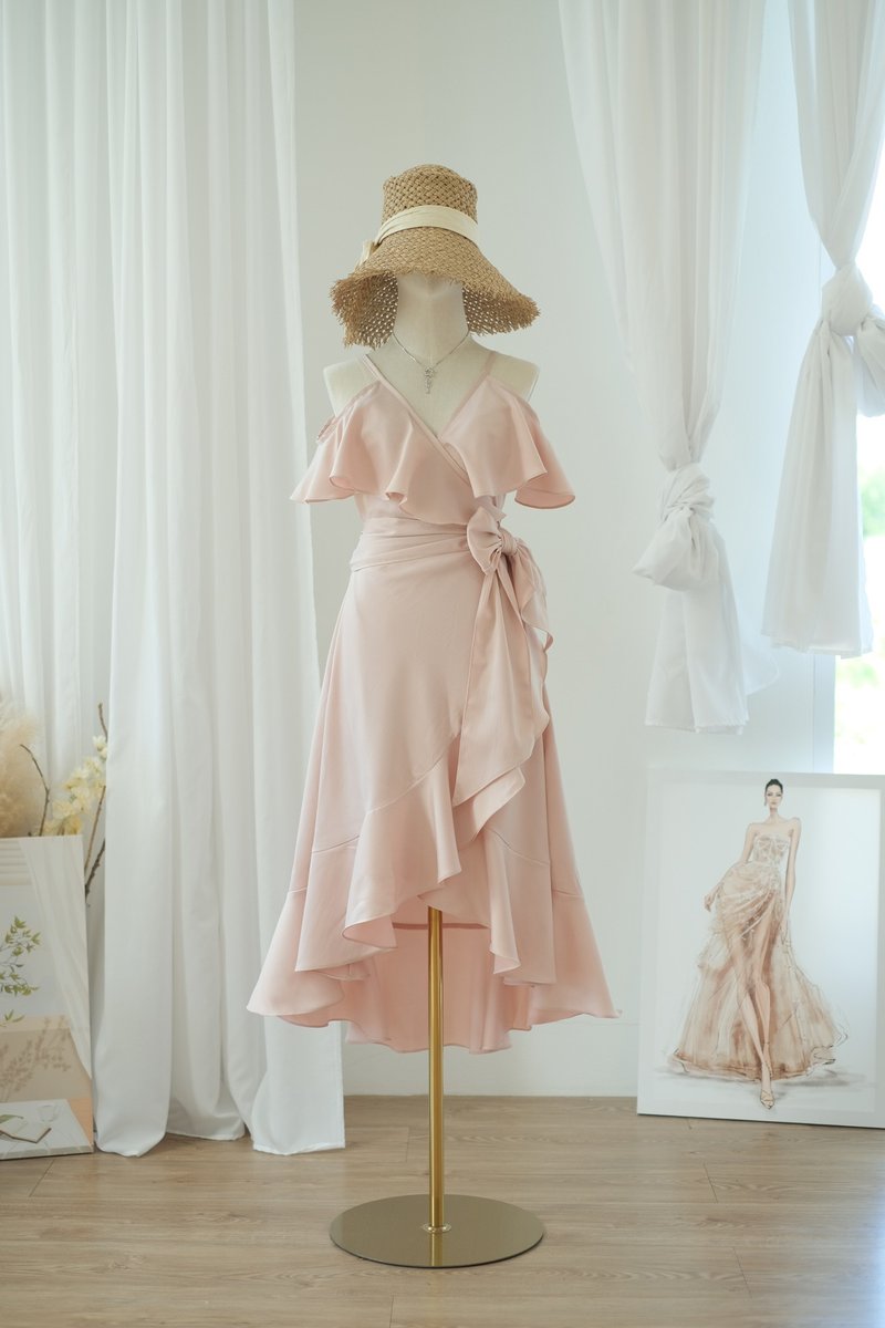 Pinkish Nude satin dress Bridesmaid cocktail party dress Wrap dress - 洋裝/連身裙 - 聚酯纖維 粉紅色
