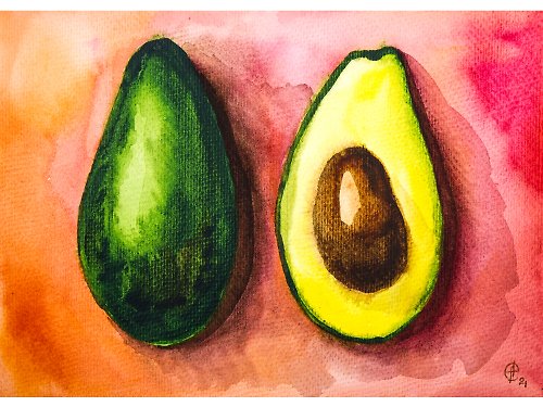 Nadya Ya Art Avocado Painting Kitchen Food Still Life Original Art Fruit Watercolor Painting