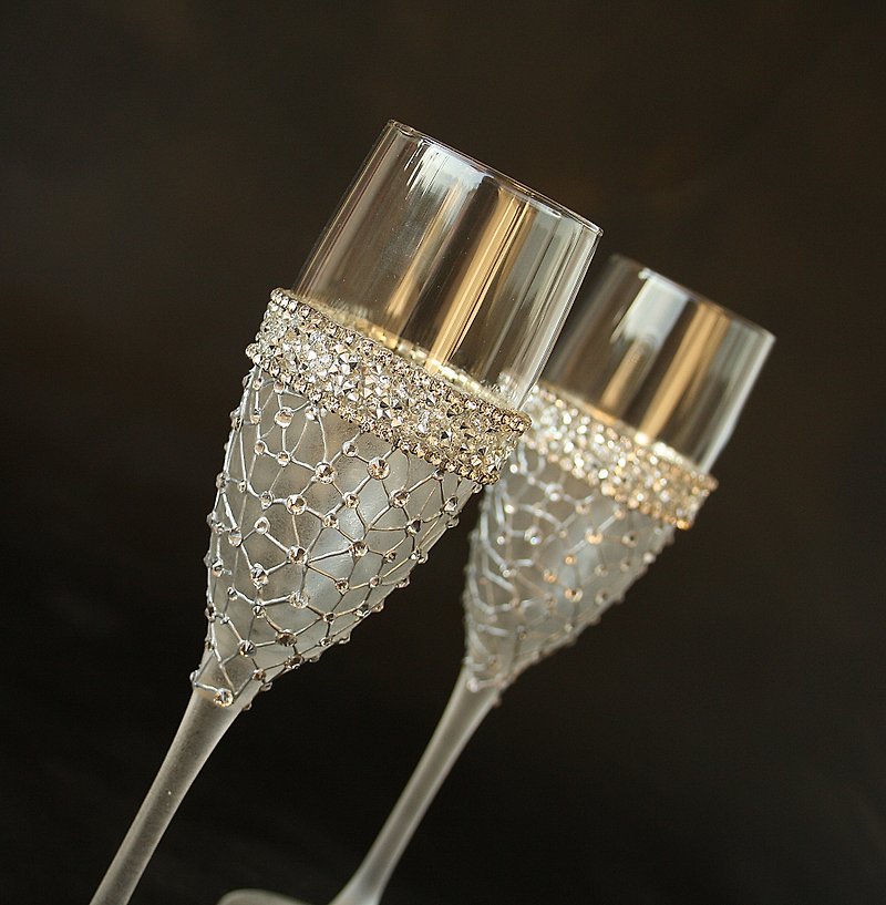 Wedding Glasses Champagne Wine Hand painted Set of 2 - Bar Glasses & Drinkware - Glass Silver