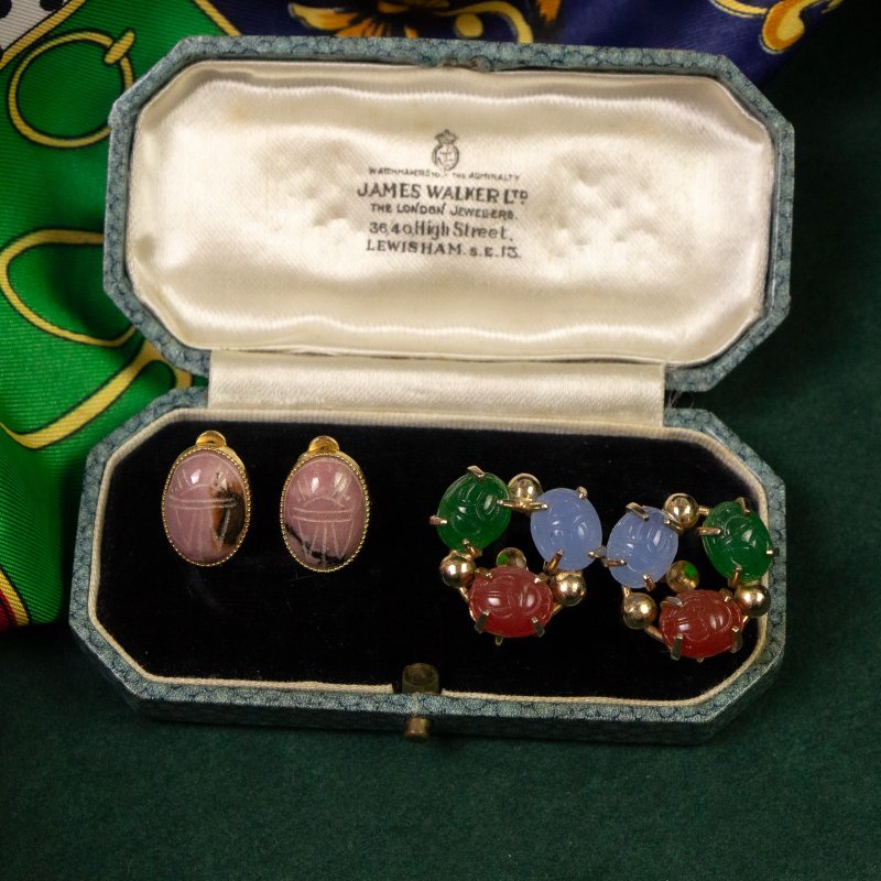 美國古董 古埃及復興風格 玫瑰石雕件金色耳夾/三色聖甲蟲耳栓 - 耳環/耳夾/耳骨夾 - 半寶石 多色