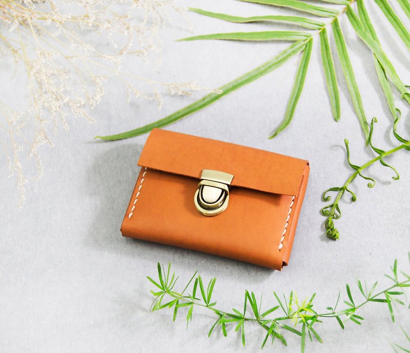 [Leather double-layer card coin purse/business card holder] European vegetable tanned cowhide/customized lettering/light coffee - กระเป๋าสตางค์ - หนังแท้ สีนำ้ตาล