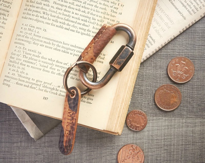 Copper Screw Carabiner Keychain | Personalized Camouflage Leather Wrap with tag - Keychains - Genuine Leather Orange