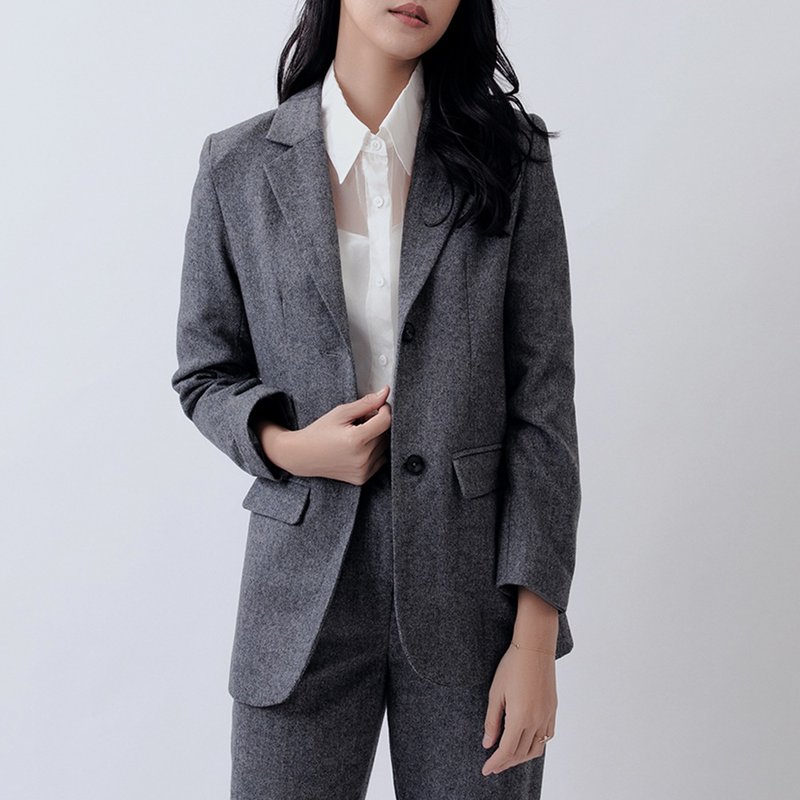 人字紋灰色西裝外套 - 女西裝外套 - 羊毛 灰色