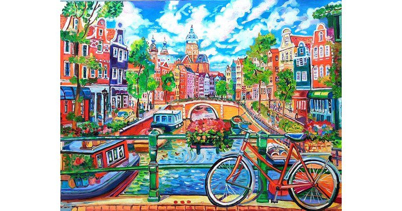 City  Art Italy Painting Amsterdam Original Art  Oil Painting  Oil On Canvas - 壁貼/牆壁裝飾 - 其他材質 橘色